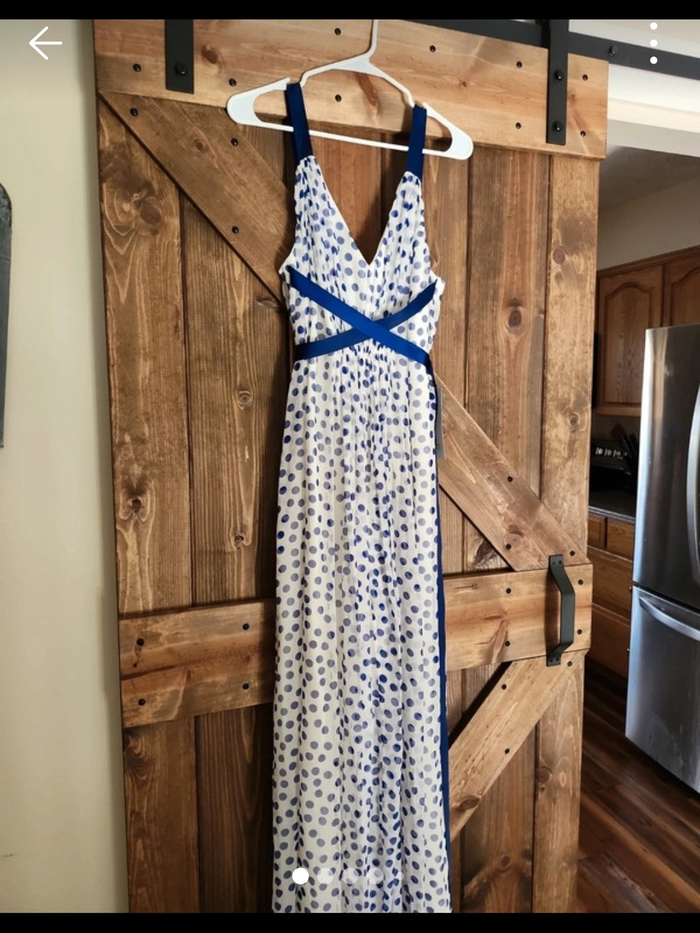 Jill Stuart White Maxi Dress with Blue Dot Print and Navy Trim